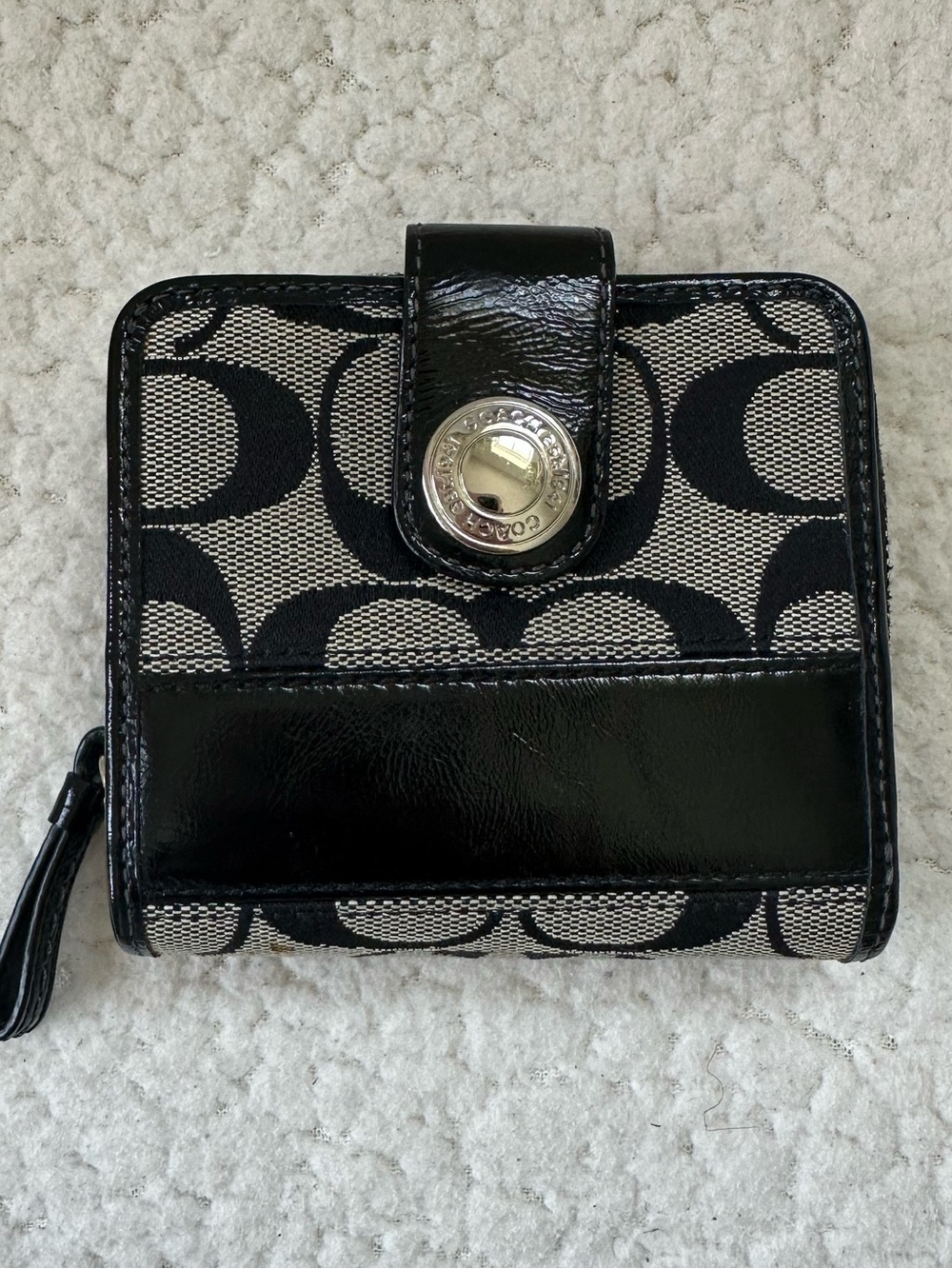 Coach Black and White Signature Canvas Compact Wallet